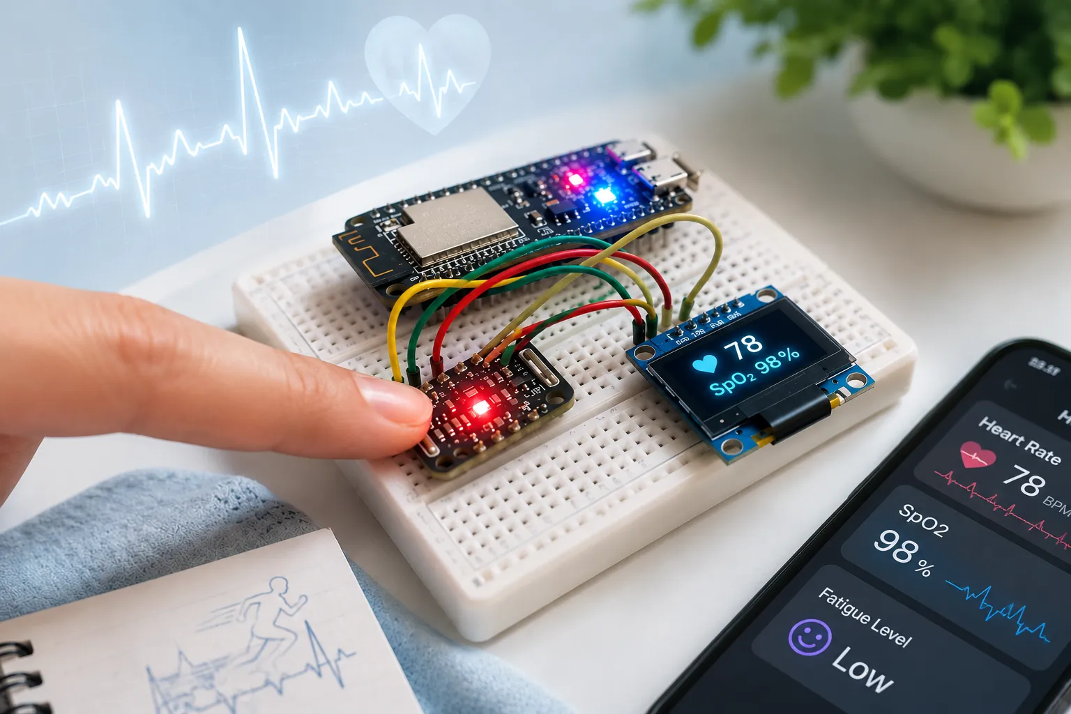 Vital Tracker — IoT breadboard prototype with OLED display